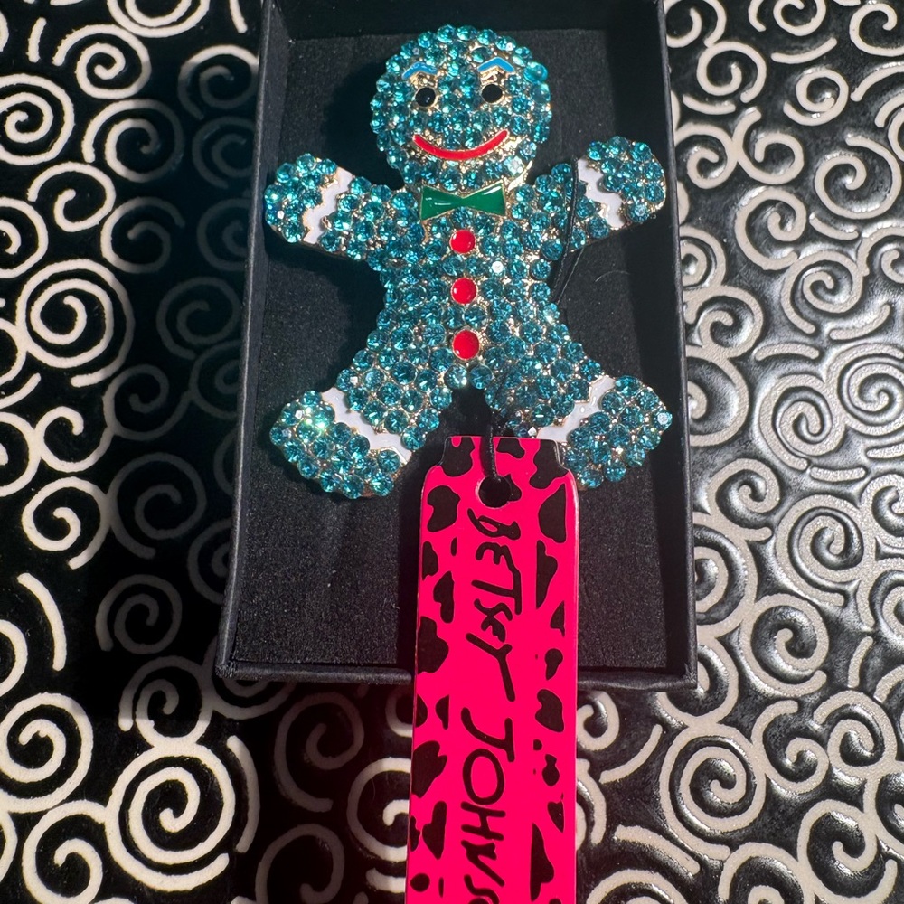 Betsey Johnson Teal Gingerbread Brooch with Red Accents